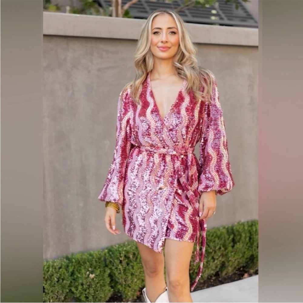 Elegant Pink Sequin Wrap Dress